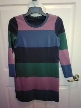 Boden Color Blocked  Striped Long-Sleeve Knit Dress in Pink, Blue & Green